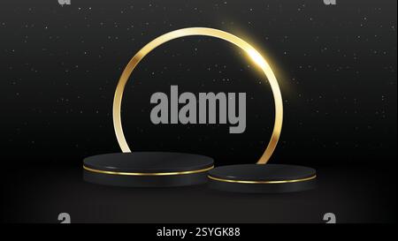 Schwarzer Podiumhintergrund mit goldenem Kreis und Sternen auf dem Hintergrund. Podiumszene. Abstrakte Minimalszene, abstrakte Vektorplattform Stock Vektor