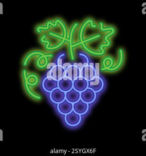 Neonglühender saftiger Traubenstrauch mit Blättern und Ranken. Fruchtdiät und gesunde Ernährung. Symbol für leuchtendes Neon auf schwarzem Hintergrund Stock Vektor