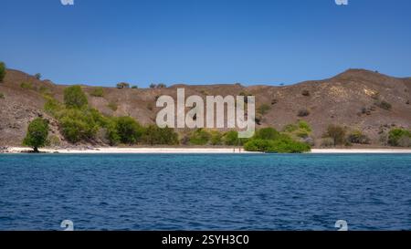 Eine ruhige und ruhige Küstenlandschaft mit einem wunderschönen Strand, klarem blauem Wasser, üppiger, lebhafter grüner Vegetation und einem dramatischen zerklüfteten Berg Stockfoto