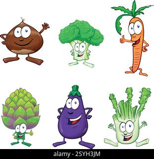 Set von Comic-Gemüsefiguren. Vektorabbildung Stock Vektor