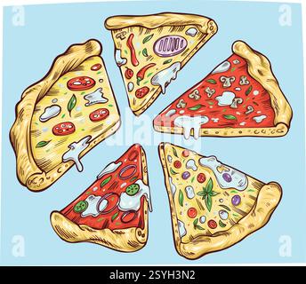 Runde Pizzascheiben mit explosivem Effekt. Vektorillustration im Cartoon-Stil Stock Vektor