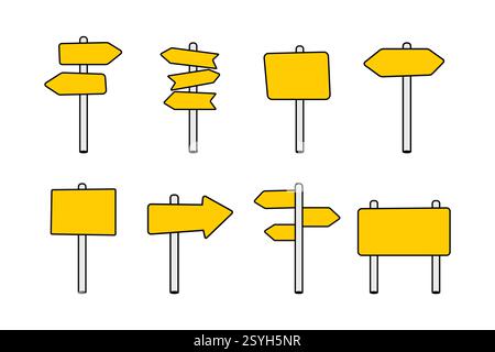 Gelbe Straßenschilder. Richtungsposten mit Wegsuchpfeilen, Fingerpfeilzeichen isolierter realistischer Vektor-Illustrationssatz Stock Vektor
