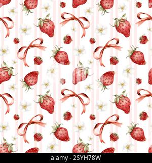 Niedliche Erdbeeren und rote Schleife. Aquarellrosa gestreiftes Lebensmittel-nahtloses Muster auf weißem Hintergrund für köstliches Sommergewebe, Küchentextil, Stockfoto