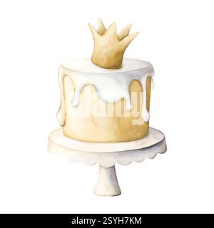 Kuchen mit Glasur und Mastixkrone auf weißem Standteller, glasiertes Dessert. Aquarell handgemalte isolierte Essensillustration für Prinzessin Prinz Geburtstag Stockfoto