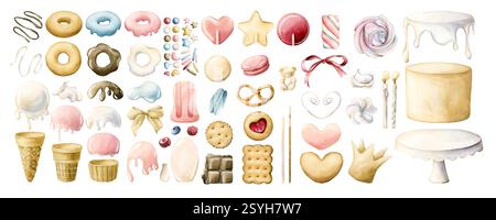 Niedlicher Geburtstagskuchen, Eis, Donut, Cupcakes, Lutscher, Makronen, Marshmallow, Kekse und Schokoladen-Clipart-Set. Aquarell handgemalt isoliert Stockfoto