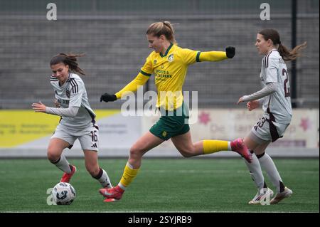 Heerlen, Niederlande. März 2025. Heerlen, Niederlande, 01. März 2025: Femke Prins (9 Fortuna Sittard Vrouwen) schießt den Ball während des Azerion Vrouwen Eredivisie Spiels zwischen Fortuna Sittard Vrouwen und Ajax Vrouwen im Sportpark Pronsebroek in Heerlen, Niederlande (Martin Pitsch/SPP) Credit: SPP Sport Press Photo. /Alamy Live News Stockfoto