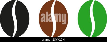 Symbol für Kaffeebohne. Kaffeesamen für Café. Schwarzes, braunes, grünes Symbol auf weißem Hintergrund. Einfaches Grafikmuster. Symbol Espresso, Mokka Stock Vektor