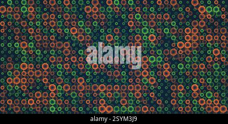 Abstraktes dunkelgrünes und braunes Muster kleiner kreisförmiger Verlaufsformen mit wechselnder Größe, Schichten von Kreisen, die in Blautönen gefärbt sind - Geometrische Mos Stock Vektor