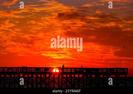 Isle Of Palms, Usa. März 2025. Eine Person, die vom Sonnenaufgang über dem Atlantischen Ozean geschildert wird, beobachtet vom Isle of Palms Pier am Front Beach, 1. März 2025 in Isle of Palms, South Carolina. Eine allmähliche Erwärmung bis in die 70er Jahre wird sich nach einem harten Winter im Tiefland fortsetzen. Quelle: Richard Ellis/Richard Ellis/Alamy Live News Stockfoto