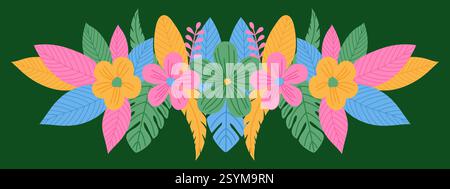 Botanischer horizontaler Rahmen des Frühlings. Bunte Blumen und tropische Blätter in einer Reihe Stock Vektor