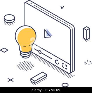 Isometrisches Strichgrafik-Symbol für Online-Schulungen. Die Abbildung zeigt eine Glühbirne neben einem Videoplayer, die Lernen und Ideen symbolisiert. Stock Vektor