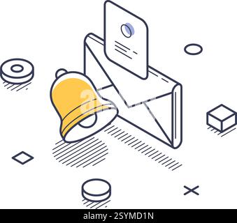 Symbol für isometrische Strichgrafik, das Elemente des technischen Supports darstellt. Es enthält einen Umschlag, eine Benachrichtigungsglocke und geometrische Formen, die Kommunikation betonen Stock Vektor