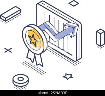 Die Illustration zeigt ein isometrisches Liniendesign, das eine wachsende Grafik zusammen mit einer Medaille zeigt. Dies symbolisiert die Leistung und den Erfolg eines Busses Stock Vektor