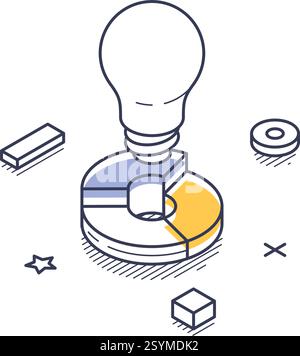Glühbirne und ein stempelähnliches Objekt, umgeben von geometrischen Formen, symbolisieren Innovationen und Startup-Ideen. Moderner isometrischer Linienkunstvektor Stock Vektor