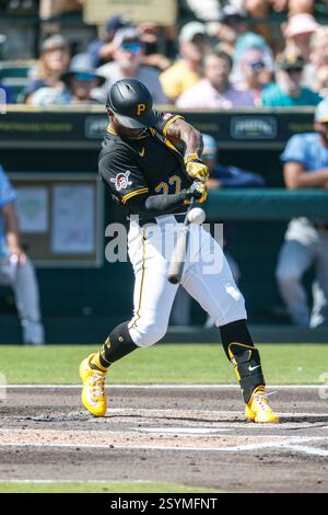 Bradenton, FL: Der Pittsburgh Pirates Outfielder Andrew McCutchen (22) fliegt am Freitag, den 28. Februar 2025 im LECOM Park zu dem Tampa Bay Rays Outfielder Josh Lowe (15). Die Piraten schlugen die Rochen mit 3:2. (Kim Hukari/Bild des Sports) Stockfoto