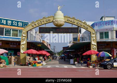 Buyeo County, Südkorea - 27. Mai 2021: Der Eingang zum traditionellen Markt von Buyeo, gekennzeichnet durch einen dekorativen Bogen mit Lotus- und Ginseng-Motiv, W Stockfoto