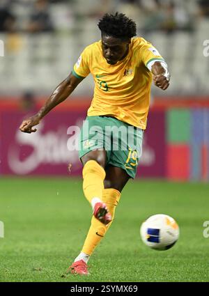 Shenzhen, chinesische Provinz Guangdong. März 2025. Musa Toure of Australia schießt im Finale zwischen Australien und Saudi Arabien beim AFC U20 Asian Cup Fußballturnier in Shenzhen, südchinesischer Provinz Guangdong, 1. März 2025. Quelle: Deng Hua/Xinhua/Alamy Live News Stockfoto