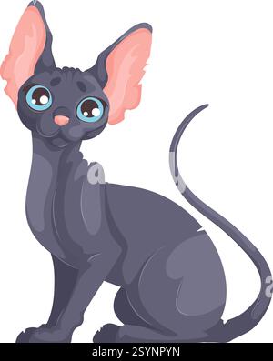 Vektor-Illustration einer schwarzen haarlosen Katze mit blauen Augen, großen Ohren und gelocktem Schwanz, der aufrecht auf einem weißen Hintergrund sitzt. Stock Vektor