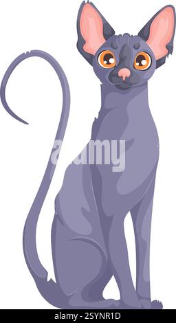 Vektor-Illustration einer großen, grauen haarlosen Sphynx-Katze mit orangefarbenen Augen, großen Ohren und einem langen gelockten Schwanz auf einem weißen Hintergrund. Stock Vektor