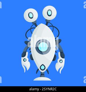 Karikaturillustration eines futuristischen Roboters mit einem ovalen Körper, großen Antennen, Klauenhänden und einem blau-weißen Farbschema auf blauem Hintergrund. Stock Vektor