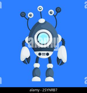 Zeichentrickroboter-Illustration mit mehreren Antennen mit Augen, einem runden Gesichtsschirm, Klauenhänden und einem eleganten blau-weißen Design auf einem Blau Stock Vektor