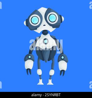 Futuristischer Karikaturroboter mit großen kreisförmigen Augen, krallenartigen Händen und einem eleganten blau-weißen Design auf blauem Hintergrund. Stock Vektor