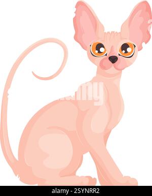 Vektor-Illustration einer rosa haarlosen Sphynx-Katze mit orangen Augen und großen Ohren, sitzend mit einem gelockerten Schwanz auf einem weißen Hintergrund. Stock Vektor