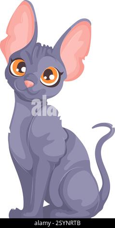 Vektorgrafik einer grauen haarlosen Sphynx-Katze mit orangen Augen und großen Ohren, aufrecht auf weißem Hintergrund sitzend. Stock Vektor