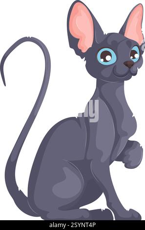Vektor-Illustration einer grauen haarlosen Sphynx-Katze mit blauen Augen, großen Ohren und einer erhöhten Pfote, die auf einem weißen Hintergrund sitzt. Stock Vektor