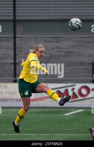 Heerlen, Niederlande. März 2025. Heerlen, Niederlande, 01. März 2025: Amber van Heeswijk (8 Fortuna Sittard Vrouwen) schießt den Ball während des Azerion Vrouwen Eredivisie-Spiels zwischen Fortuna Sittard Vrouwen und Ajax Vrouwen im Sportpark Pronsebroek in Heerlen (Niederlande) (Martin Pitsch/SPP) Credit: SPP Sport Press Photo. /Alamy Live News Stockfoto