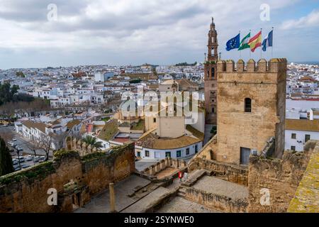 Blick vom Alcázar de la Puerta de Sevilla auf das Stadtzentrum von Carmona, Andalusien, Südspanien. Stockfoto
