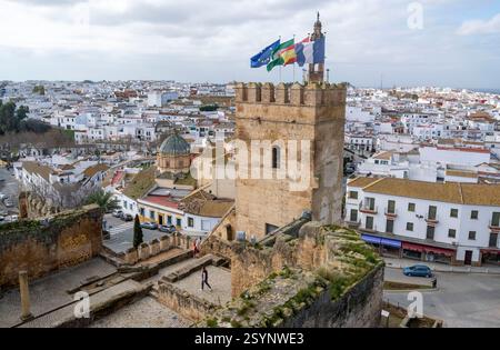 Blick vom Alcázar de la Puerta de Sevilla auf das Stadtzentrum von Carmona, Andalusien, Südspanien. Stockfoto