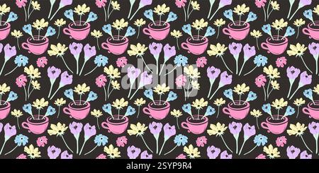 Buntes nahtloses Muster mit Frühlingsblumen auf dunklem Hintergrund. Vektordesign. Stock Vektor
