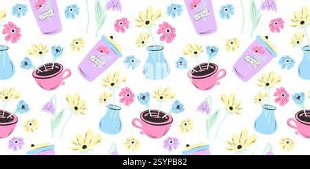 Nahtloses Muster mit Frühlingsblumen, Vase, Kaffeetasse. Handgezeichnetes Vektordesign in Pastellfarben. Stock Vektor