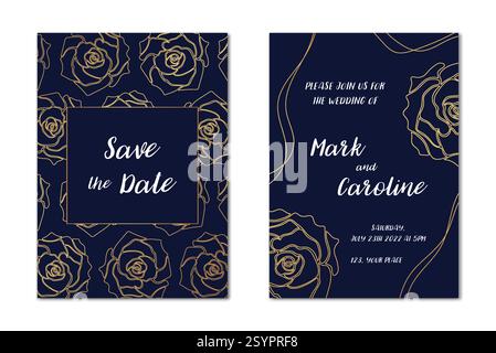 Hochzeitseinladungskarten mit goldenen Rosen auf dunkelblauem Hintergrund. Vektorabbildung. Stock Vektor