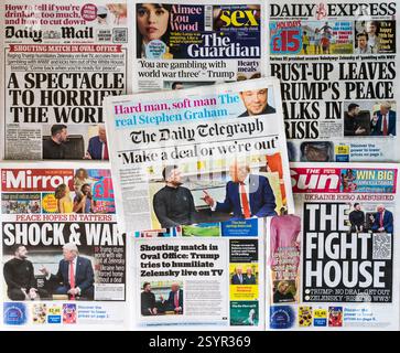 1. März 2025. Die Titelseiten der britischen Zeitungen melden einen Schock über die Auseinandersetzung zwischen Trump und Präsident Zelenskyy im Weißen Haus der USA. Stockfoto