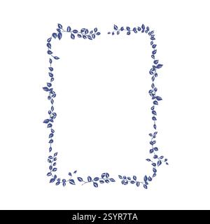 Blauer rechteckiger Rahmen mit handgezeichneten Blättern, Designvorlage. Hintergründe für Hochzeitseinladungen, Grußkarten, soziale Medien Stockfoto