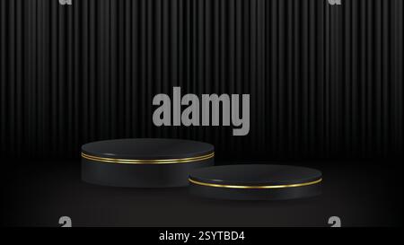 Realistisches schwarzes Podium in 3D-Optik mit Zylindersockel und dunklem Vorhanghintergrund. Abstrakte Vektorszene mit minimaler Wand für Produktbühnen Stock Vektor