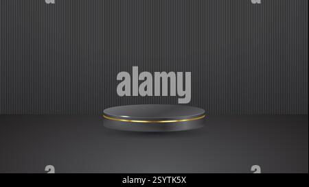 Elegantes, elegantes 3D-Podium in Schwarz mit goldenem Besatz unter Spotlight für Produktpräsentation, Showroom, Showcase und Mockup Stock Vektor