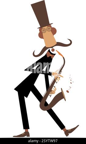 Cartoon langer Schnurrbart Saxophonist im Oberhut. Lustiger Schnurrbart-Mann im Tophut mit Saxophonist. Isoliert auf weißem Hintergrund Stock Vektor