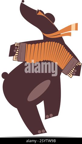 Süßer Bär, der Akkordeon spielt und singt. Zeichentrickbär spielt Musik auf dem Akkordeon mit Inspiration. Isoliert auf weißem Hintergrund Stock Vektor