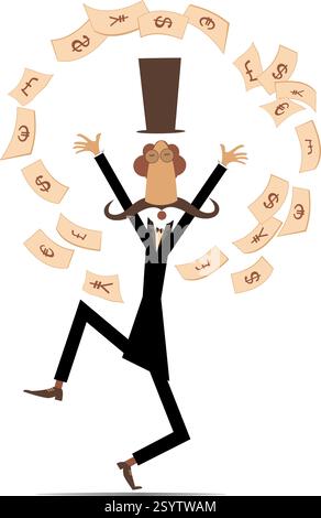 Panik im Geschäft. Schnurrbart-Mann im Hut, umgeben von fallendem Papiergeld. Ein verärgerter, langer Schnurrbart-Gentleman im Hut mit erhobenen Händen Stock Vektor
