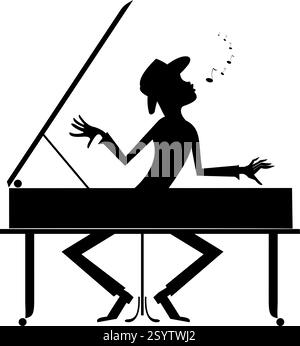 Der Mann spielt Klavier und singt. Mann spielt Klavier und singt. Abbildung schwarz auf weiß Stock Vektor