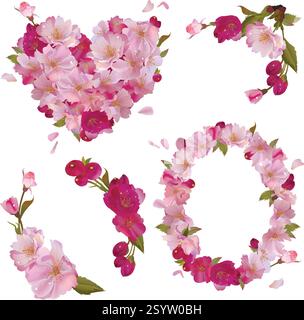 Das Frühlingsherz umrahmt Zweige mit Sakura-Blüten Stock Vektor