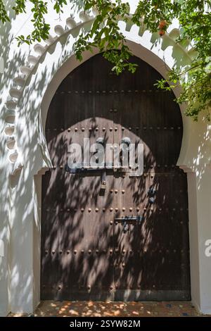 Verwitterte Holztür mit einem bogenförmigen Rahmen, die faszinierende Schatten auf die Oberfläche wirft und einen optisch reichhaltigen und textuell interessanten Eingang schafft Stockfoto
