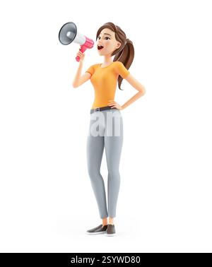 3D-Frau, die eine Ankündigung mit Megaphon macht, Illustration isoliert auf weißem Hintergrund Stockfoto