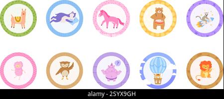 Niedliche Tiere heben Cover-Set hervor, Cartoon-Vektor-Ikonen, Social-Media-Story-Highlights Stock Vektor