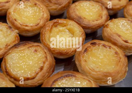 Portugiesische Pustard Tarts Pastel de Nata oder de Belem. Eine Nahaufnahme traditioneller portugiesischer Pudding-Gebäck, bestehend aus Pudding in einer Creme Brulee. Stockfoto