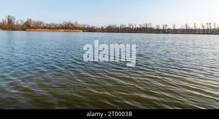 Teich mit Bäumen im Hintergrund während des Frühlingstages mit klarem Himmel - wunderschönes CHKO Poodri in der Nähe von Ostrava Stadt in Tschechien Stockfoto