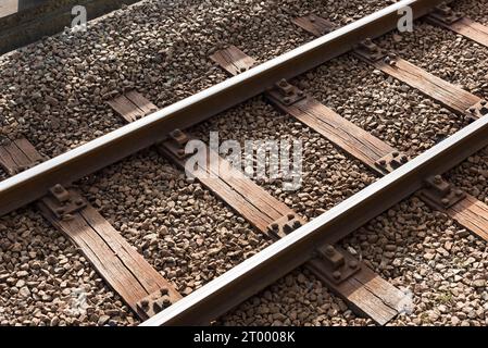 Bahn oder Eisenbahn block track Struktur, Zug Eisenbahn Bügeleisen, Nahaufnahme, Technologie, Konzept Stockfoto